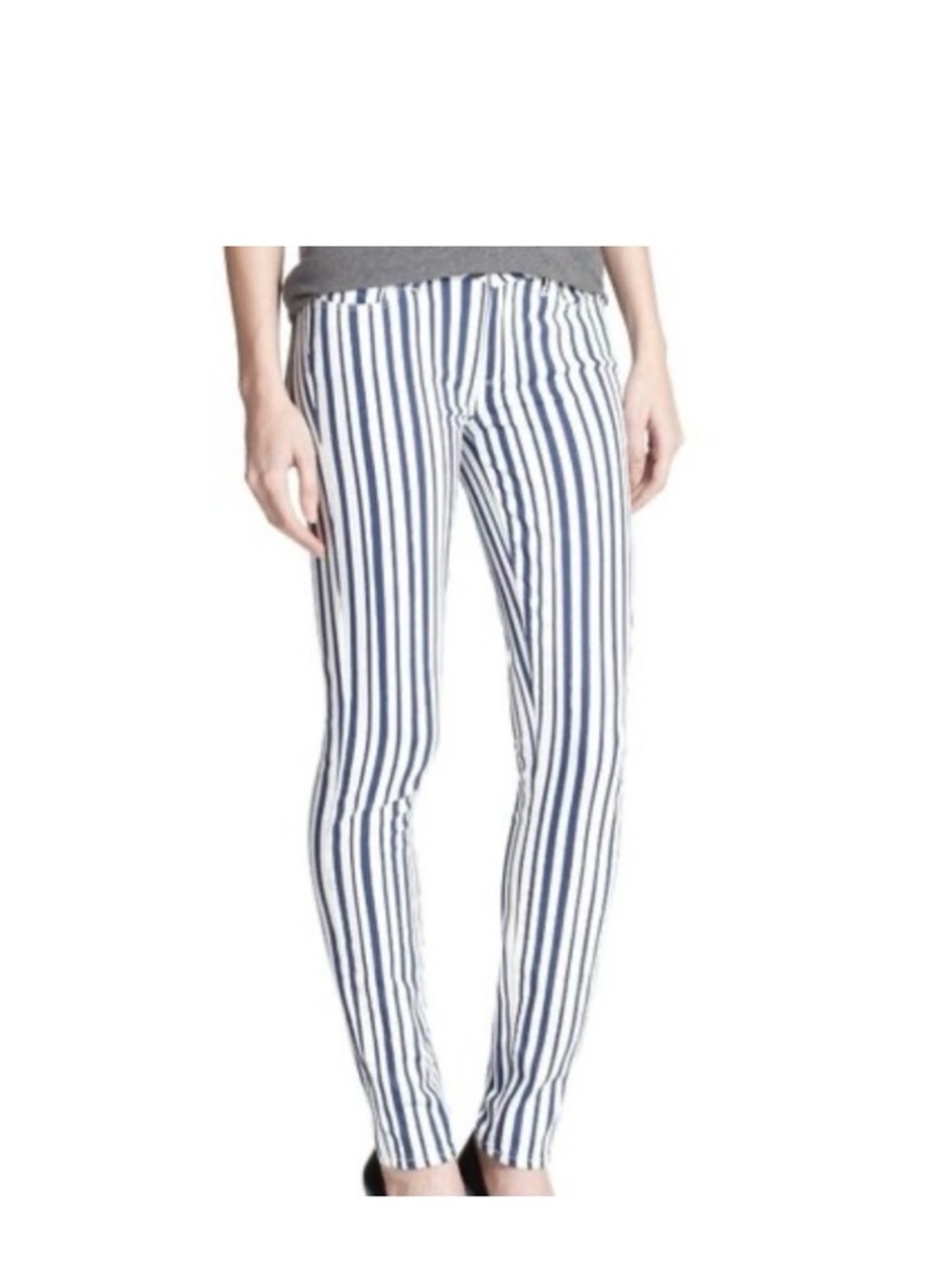 PAIGE Navy and White Vertical Stripe Skinny Cotton Stretch Pants NWT